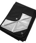 Rock Solid Insulated Tarp And Thermal Survival Blanket, 60x82 inches, black outer, silver inner for warmth, ideal for camping.