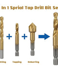 Six Piece Metric Drill And Tap Set M3 To M10 With Titanium Coated Carbon Steel Bits shown with cutting, tapping, deburring functions