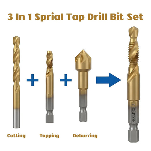 Six Piece Metric Drill And Tap Set M3 To M10 With Titanium Coated Carbon Steel Bits shown with cutting, tapping, deburring functions