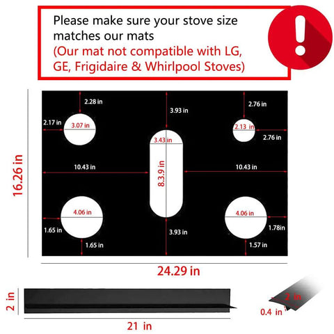 Gas Range Stove Top Cover Set 0.4mm Thick Nonstick Protector With 2 Gap Covers diagram, dimensions shown in inches.