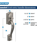 Camelot Front Entry Handleset With Right Hand Accent Lever And Satin Nickel Finish Lower Half Grip size dimensions diagram