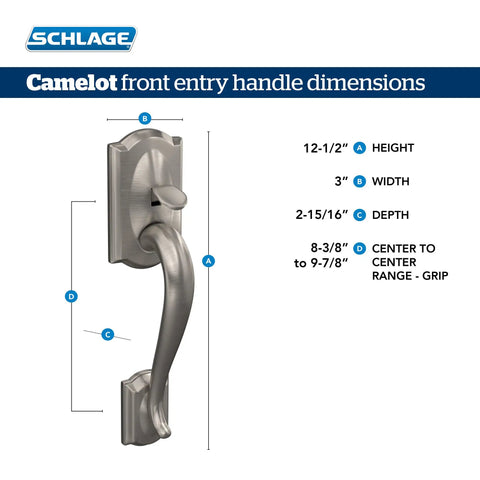Camelot Front Entry Handleset With Right Hand Accent Lever And Satin Nickel Finish Lower Half Grip size dimensions diagram