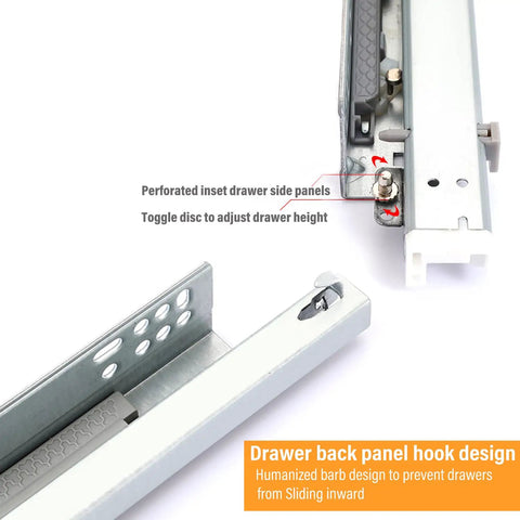 Premium Undermount Drawer Slides Featuring Buttery Smooth Soft Close Action with adjustable height toggle disc and hook design.