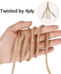 Hand holding 5Mm Jute Rope 98 Feet Heavy Duty Natural Twine, twisted by 4-ply, showcasing texture and strength for DIY projects.