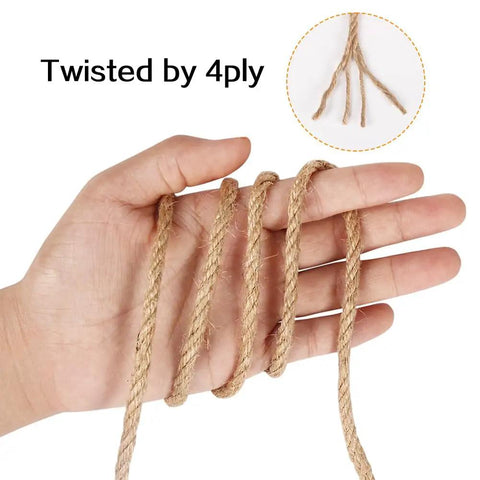 Hand holding 5Mm Jute Rope 98 Feet Heavy Duty Natural Twine, twisted by 4-ply, showcasing texture and strength for DIY projects.