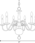 Diagram of a 6-Light White Candle Traditional Chandelier With Polished Brass Finish, 18" high and 25" wide, detailed arms and candelabras.