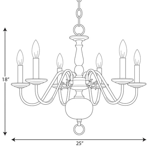 Diagram of a 6-Light White Candle Traditional Chandelier With Polished Brass Finish, 18" high and 25" wide, detailed arms and candelabras.