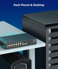 Unmanaged 18 Port 2.5G Ethernet Switch With 16 2.5Gb Base T Ports And 2x 10G SFP Ports, Metal Fanless Design on a desk