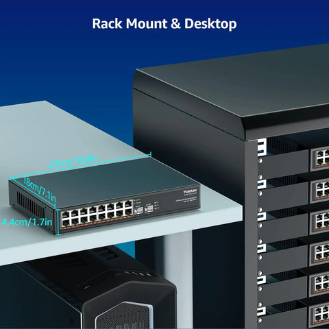 Unmanaged 18 Port 2.5G Ethernet Switch With 16 2.5Gb Base T Ports And 2x 10G SFP Ports, Metal Fanless Design on a desk