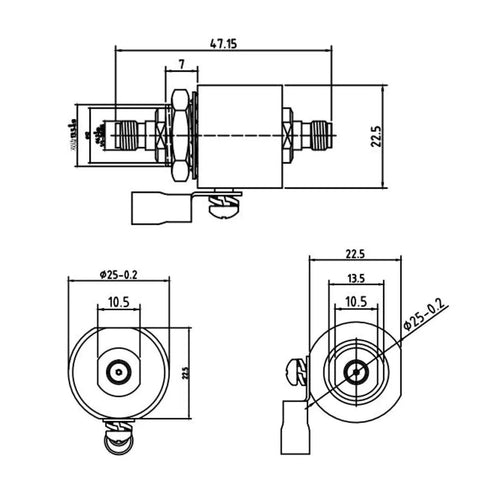 Technical diagram of Lightning Arrestor and Surge Protector for 0-6 GHz with SMA Female to Female Bulkhead Connectors.
