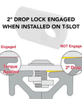 Diagram showing 2° drop lock engaged for Economy Five Sixteenth Eighteen Offset Threaded Slide In T Nut on T-slot extrusion.