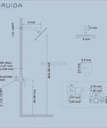 Airuida shower faucet set: matte black, 8-inch rain shower head, wall-mount with rough-in valve, technical diagram.