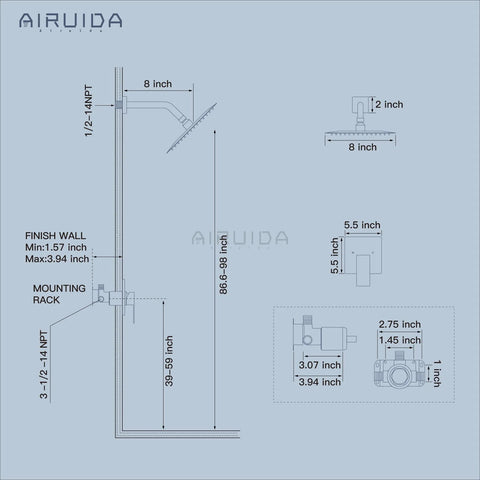 Airuida shower faucet set: matte black, 8-inch rain shower head, wall-mount with rough-in valve, technical diagram.