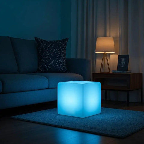 16 Inch LED Cube Chair Light With 16 RGB Colors Glow Cube Seat Waterproof Floor Lamp in a living room setting