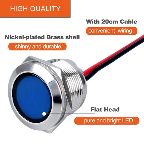 Two Pack 22mm Metal Indicator Light Seven Eighths Inch Mounting Hole 110-220 VAC IP67 Waterproof Flat Head LED Pilot Lamp With 20cm Wire Blue For Car Boat Truck Durable Brass Nickel Plated Case, blue flat head