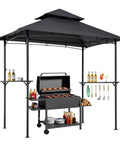 Grill Gazebo 8x5 Ft Outdoor BBQ Shelter With Double Tier Roof And Powder Coated Steel Frame Includes 2 Side Shelves And 8 Hooks