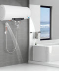 Rock Solid 15.9 Gallon Electric Water Heater With 1500 Watt Fast Heating Element mounted above a shower in a modern bathroom.
