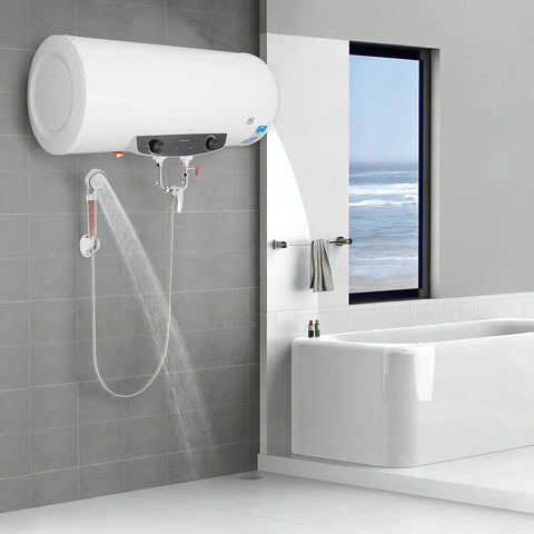 Rock Solid 15.9 Gallon Electric Water Heater With 1500 Watt Fast Heating Element mounted above a shower in a modern bathroom.