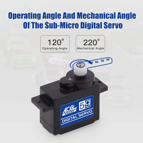 Sub Micro RC Servo Motor With Metal Gear showing 120° operating and 220° mechanical angle