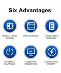 Six advantages of Hella Accurate Digital Leeb Hardness Tester for metal workpieces shown as icons: large screen, data storage, charging.