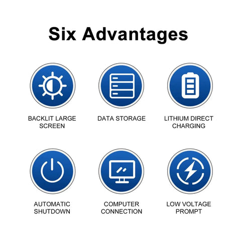 Six advantages of Hella Accurate Digital Leeb Hardness Tester for metal workpieces shown as icons: large screen, data storage, charging.