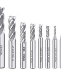 Front view of a set of 8 HSS end mills with straight flutes, sizes 1/16in to 1/2in.