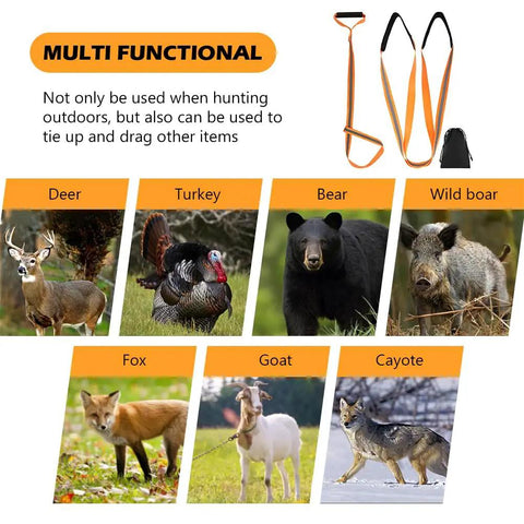 Two Pack 60 Inch Deer Drag Rope With 59 Inch Dual Harness Reflective Shoulder Straps And Storage Bag shown with various animals.
