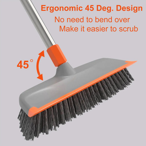 Long Handle Deck Scrub Brush With Squeegee 2 In 1 Heavy Duty Floor Cleaning Scrubber with 45-degree ergonomic design