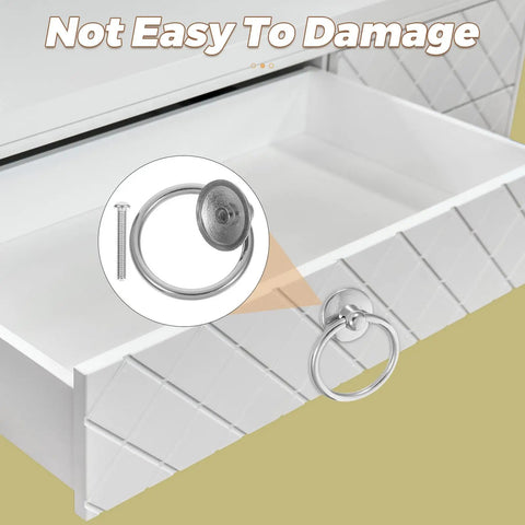 Eight Pack Metal Cabinet Pulls Ring Handles In Silver Zinc Alloy on a white drawer with installation close-up
