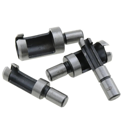 Four Eight Piece Wood Plug Cutter Drill Bit Set Forged From Tough Carbon Steel Round Shank for precise countersink holes.