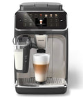 Fully Automatic Espresso Machine With 12 Hot And Iced Coffee Picks Straight Up Home Barista Game Changer Featuring Silent Brew Tech Auto Milk Foam And Ceramic Grinder For Smooth Daily Sips In Glossy Black Chrome with milk container and latte.