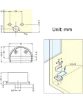 Technical drawing of the Heavy Duty Zinc Alloy Heaven And Earth Hinge for Glass Doors and Cabinets, dimensions included.