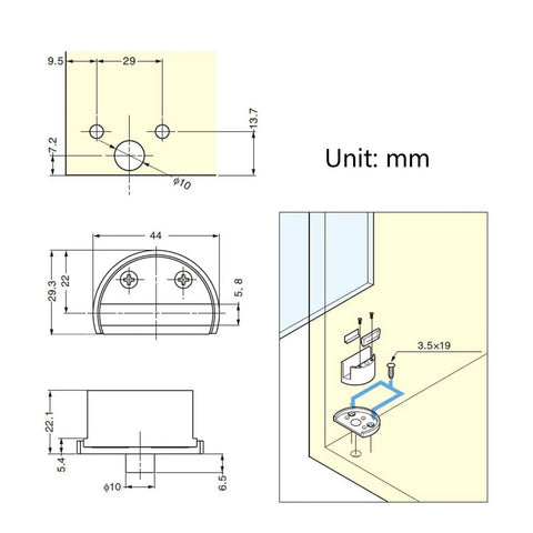 Technical drawing of the Heavy Duty Zinc Alloy Heaven And Earth Hinge for Glass Doors and Cabinets, dimensions included.