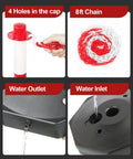Image showing features of Two Pack Traffic Delineator Cones With Fillable Base For Pro Grade Heavy Duty Parking Lot Safety, Expandable Eight Foot Plastic Chain Barrier, Red And White Delineators For Quick Visible Traffic Guidance And Easy Setup, including 8ft chain, water outlet, and inlet.