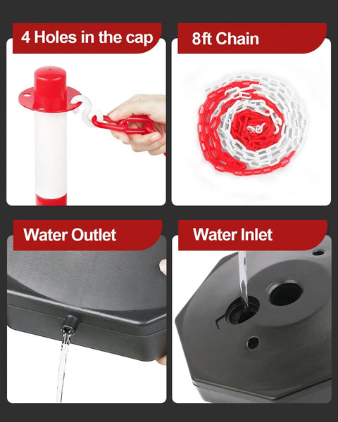 Image showing features of Two Pack Traffic Delineator Cones With Fillable Base For Pro Grade Heavy Duty Parking Lot Safety, Expandable Eight Foot Plastic Chain Barrier, Red And White Delineators For Quick Visible Traffic Guidance And Easy Setup, including 8ft chain, water outlet, and inlet.
