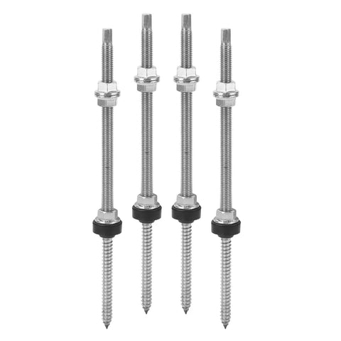 Built Tough Stainless Steel Double Ended Bolts For Solar Panel Arrays Rock Solid PV Rack Hardware And Locking Fasteners No Sweat Install Four Piece Kit, view of four threaded bolts with washers.