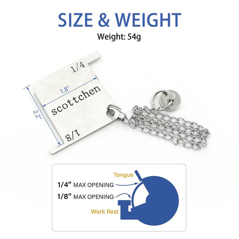 Solid Bench Grinder Safety Gauge With Dead Nuts Accurate Magnetic Holder and Portable Storage Box showing weight and dimensions of 54g and 2.2 in.