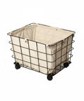 Heavy Duty Rolling Storage Basket For Toys with black iron frame and beige canvas liner on smooth swivel caster wheels.