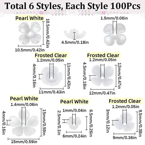 600Pcs Flower Bead Caps Set White And Clear 3 Petal 4 Petal 5 Petal Tulip Petal End Caps Acrylic Floral Spacer Beads Dimensions