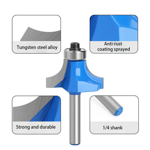 Top Tier Seven Piece Roundover Router Bit Set Featuring Quarter Inch Shafts And Razor Sharp Carbide Tips For Slick Corner Rounding, 1/4 shank, tungsten steel alloy.