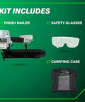 Kit with 16 Gauge Finish Nailer With 1 Inch To Two And A Half Inch Nails Lightweight 3.7 Lb Pneumatic Nail Gun, safety glasses, and carrying case.