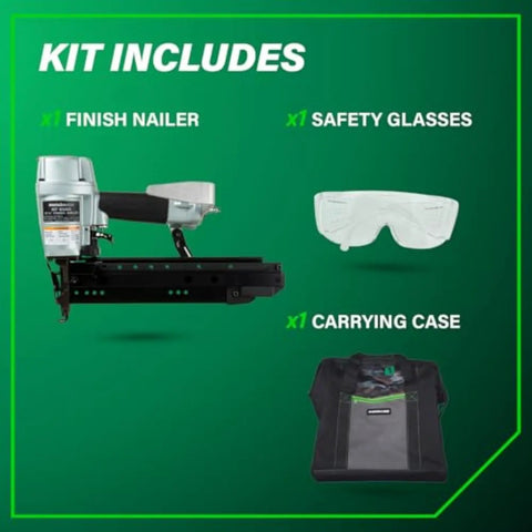 Kit with 16 Gauge Finish Nailer With 1 Inch To Two And A Half Inch Nails Lightweight 3.7 Lb Pneumatic Nail Gun, safety glasses, and carrying case.