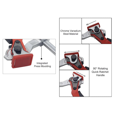 Rock Solid Ratcheting Table Clamp With 16CM Max Opening And 540 Lbs Killer Grip Heavy Duty Chrome Vanadium Steel Shop Dog close-up of quick ratchet handle and press moulding.