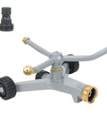 Heavy Duty Metal 3-Arm Rotating Sprinkler With Wheeled Base, 360 Degree Lawn Sprinkler For Small Yards, showing metal arms and brass fittings