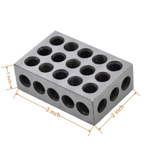 LABLT parallel machinist block, 1 x 2 x 3 in, gray metal, angled front view with 23 holes, top threaded and side through-holes