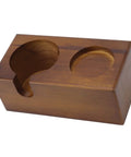 Straight Up Solid Beech Wood Coffee Tamper And Protafilter Stand With Handy Side Dock For 51 To 58 MM Brewers, flat wooden design.
