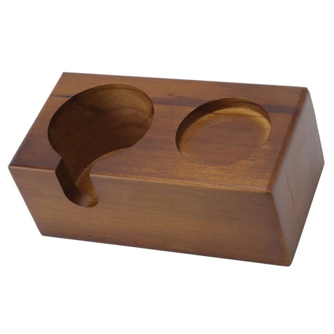 Straight Up Solid Beech Wood Coffee Tamper And Protafilter Stand With Handy Side Dock For 51 To 58 MM Brewers, flat wooden design.