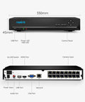 Front and back view of 16 Channel PoE NVR for home security with preinstalled 4TB drive, showcasing USB, HDMI ports, and camera inputs.