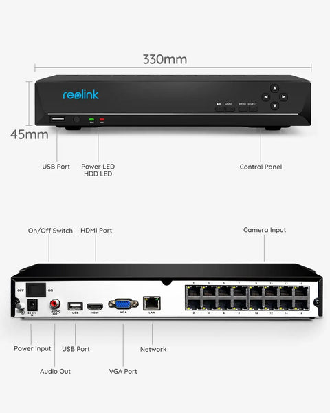 Front and back view of 16 Channel PoE NVR for home security with preinstalled 4TB drive, showcasing USB, HDMI ports, and camera inputs.