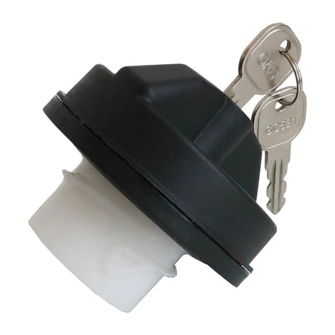 Side view of Locking Gas Cap For Jeep Dodge Chrysler Ram SUVs And Trucks With Keyed Lock 05278655AB 5278655AB showing keys and cap.